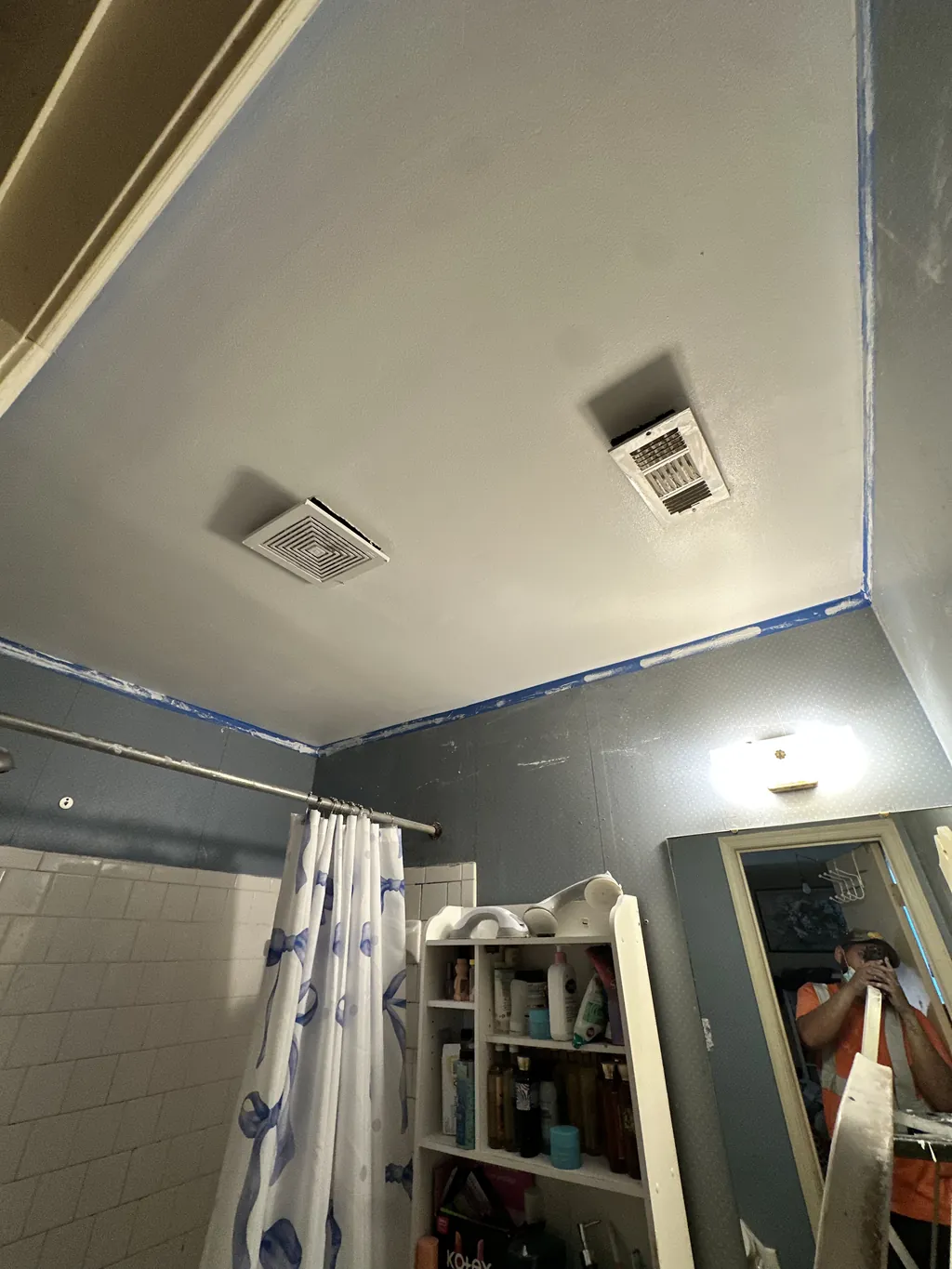 Bathroom ceiling drywall finished and taped before paint